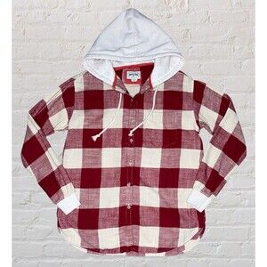 American Eagle Shacket Hoodie Flannel Shirt Size XS Red White Plaid Oversized